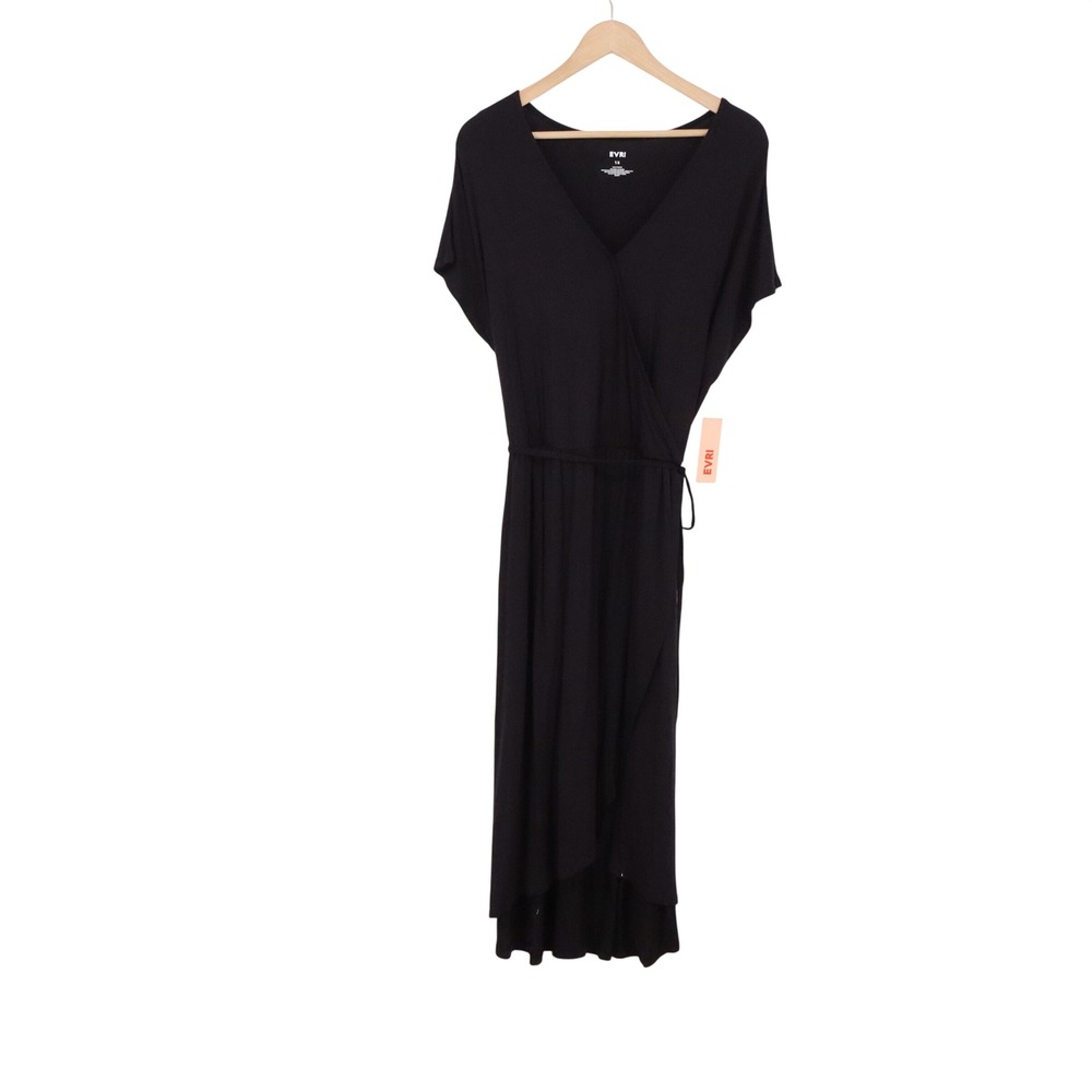 EVRI Dress Womens 1X Mineral Black Wrap Tie Waist Maxi New